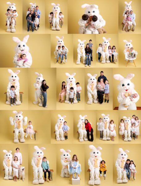 Collage of 25 images of families and kids with the easter bunny. All are in front of a yellow backdrop.