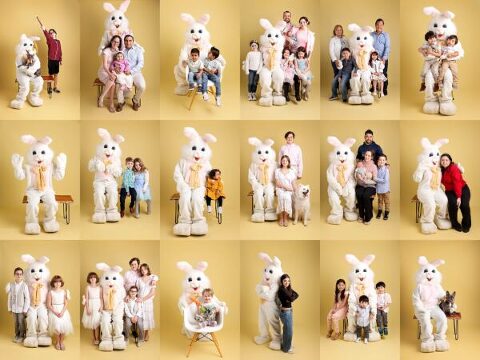 Collage of photos of families with the Easter bunny on a yellow backdrop. 18 images total.