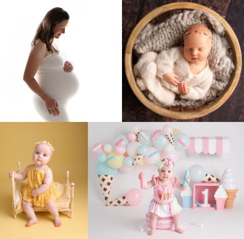 Collage of maternity, newborn, milestone, and cake smash sessions from a Baby’s First Year Plan by Junebug Photography.